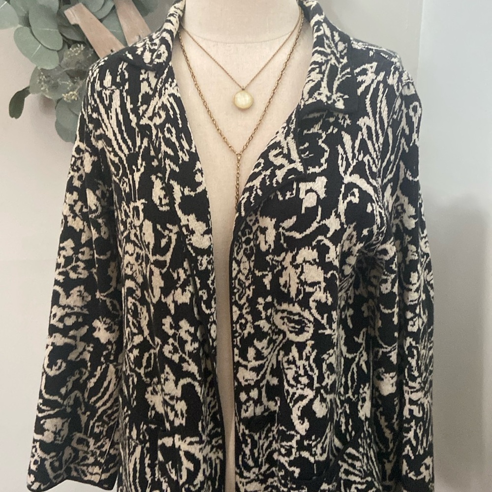 Blazer Style Jacket by Anthropologie, black and cream print, cropped M. EUC